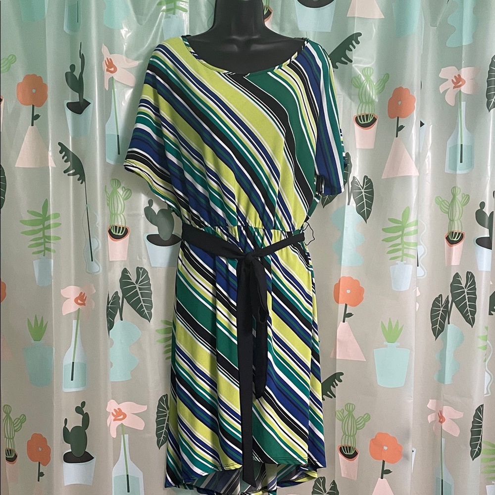 Striped Green & Blue Belted Dress